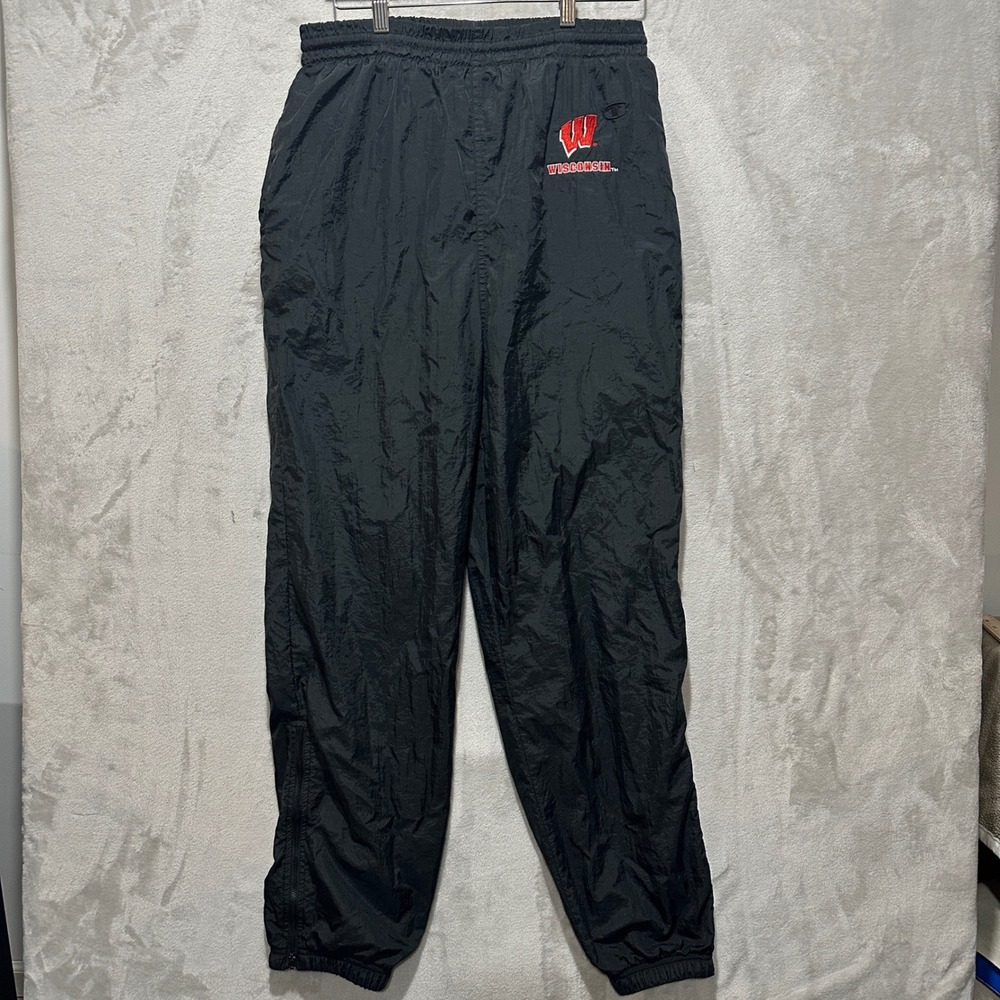 Champion Wisconsin Badgers Nylon Track Pants Mens Medium Black Windbreaker Mesh